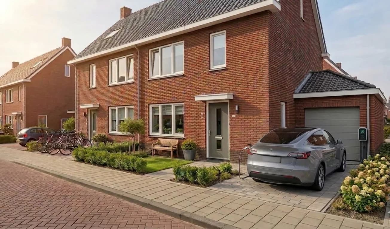 Laadpaal naast een Hollandse rijtjeswoning met een elektrische auto