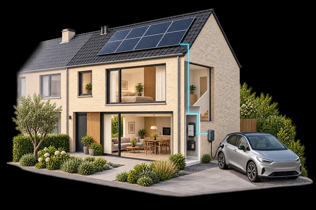 Illustratie van een rijtjeswoning met eigen oprit, elektrische auto, laadpunt en een verbinding met de meterkast.