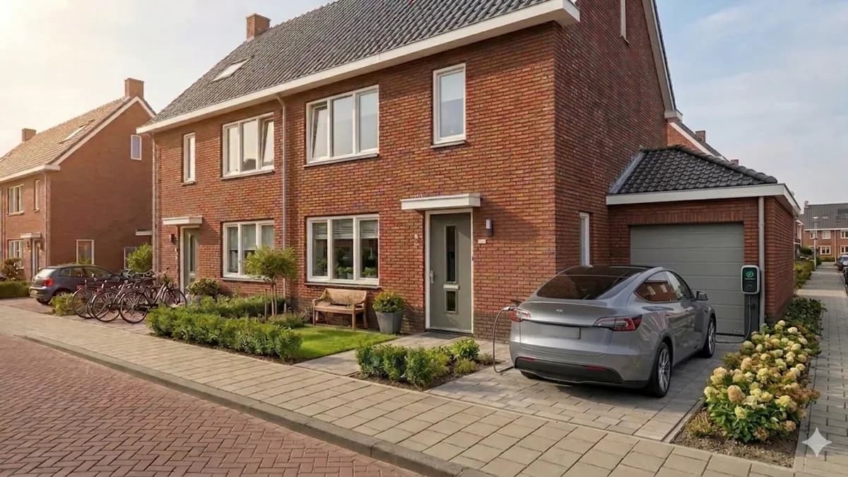 Elektrische auto aan een laadpaal naast een Hollandse rijtjeswoning